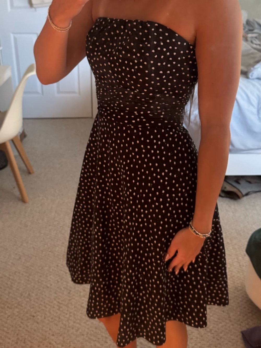 White House Black Market Strapless Polka Dot Midi Dress